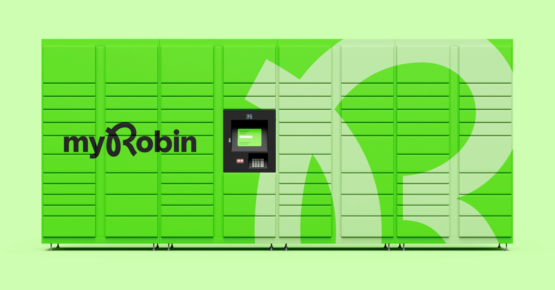 Das myRobin Logo Design in Anwendung auf einer Paket-Abholstation.